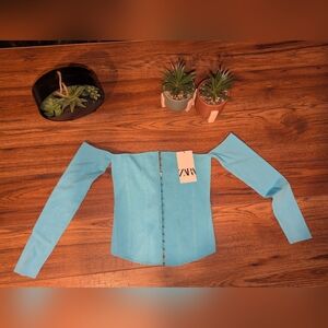 Zara Blue Off-Shoulder Long Sleeve Corset Top